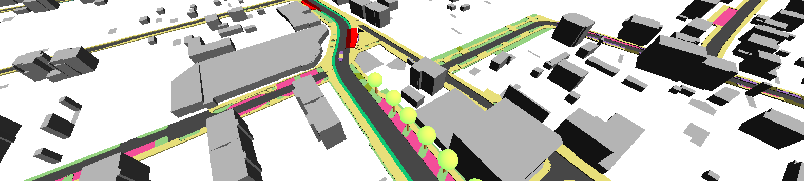 3D-Ansicht einer Straße in Kiel-Friedrichsort, wo Gebäude als graue Blöcke und die die Aufteilung des Straßenraums zu sehen ist. Hier kennzeichnen verschiedene Farben die Nutzung, bspw. Radweg, Parkplatz, Gehweg etc.