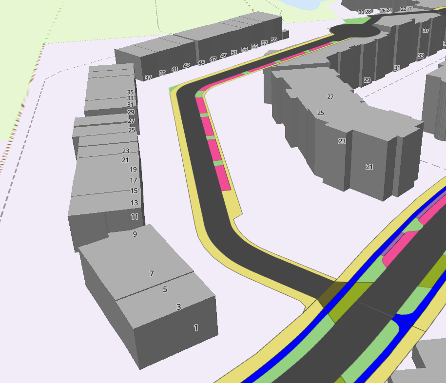 Zu sehen ist eine Visualisierung von Straßenzügen und Gebäuden. Die Gebäude sind graue Blöcke, die Straßen sind bunt, entsprechend der Aufteilung des Straßenraums. Blick auf die Straße Radbruchstraße in Kiel.