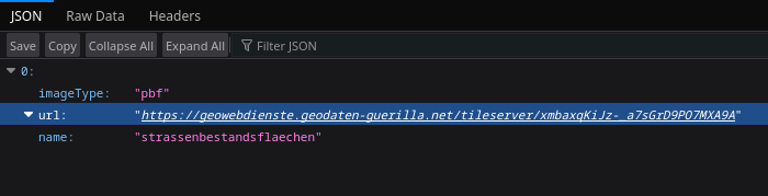 Es ist die JSON-Ansicht von Firefox zu sehen. In der Mitte ist eine URL markiert, die zu der Detailansicht des VectorTile führt.